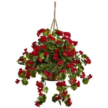 Nearly Natural Geranium Hanging Basket UV Resistant- Indoor and Outdoor - Red 6857-RD